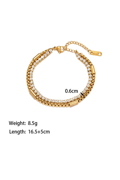 GlaMLo Accessories Brățară Dublă din Oțel Inoxidabil cu Cristale, Reglabilă 16,5 + 5 cm