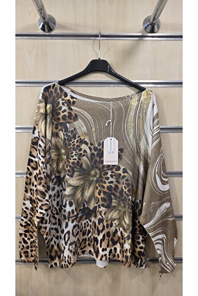 Park Moda İtalyan Merserize Bluz Yaldızlı Leopar Desen
