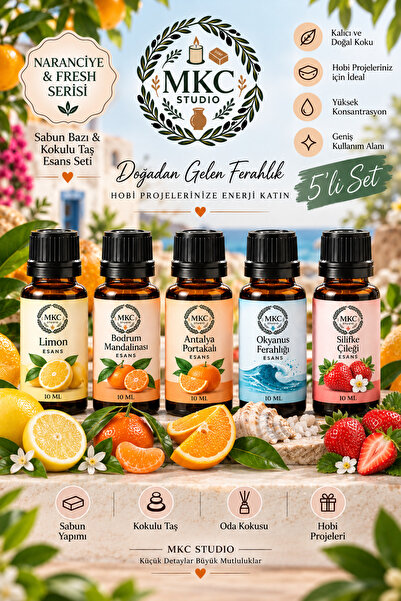 Narenciye & Fresh Serisi 5'li Sabun Bazı & Kokulu Taş Esansı Seti 10 ML – Limon, Bodrum Mandalinası, Antalya Portakalı, Okyanus, Silifke Çileği