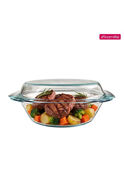 Kamille Vas de sticlă termorezistent, 3L, cu capac, rotund, pentru copt și se...