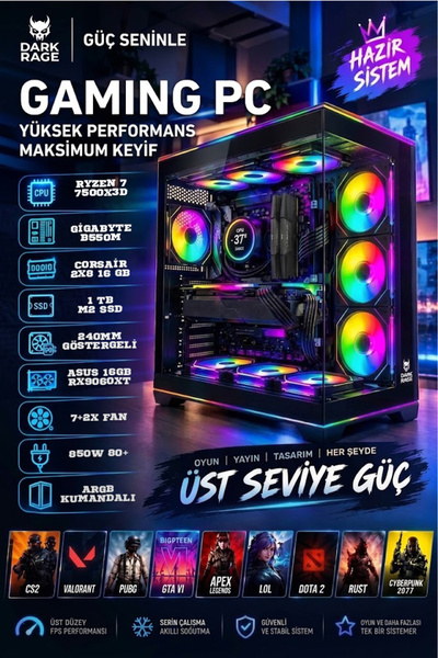 TOPLAMA OYUNCU MASAÜSTÜ BİLGİSAYAR RYZEN 7500X3D| 16 GB RAM | ASUS RX 9060XT ...