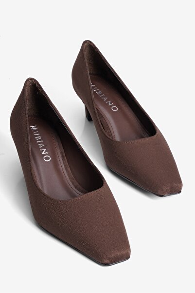 Mubiano Women's Suede Heeled Shoes Stiletto Square Toe Short Heel Leni Brown