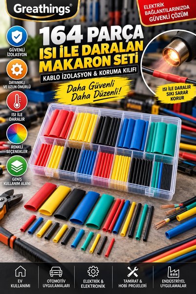 Greathings 164 Parça Isı ile Daralan Makaron Seti Kablo İzolasyon Kılıfı Renk...