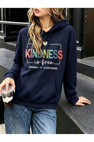 PALPİTO Women's Oversized Navy Blue Kindness Printed Hooded Sweatshirt