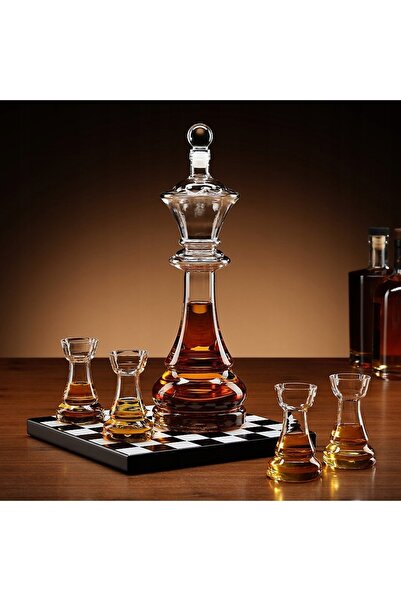 NO BRAND CARAFĂ DE WHISKY 700 ml SET DE 4 PAHARE DE ȘAH SUBȚIRE CU BAZĂ DIN LEMN