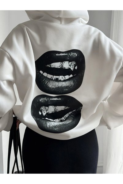PALPİTO Kadın oversize beyaz dudak baskılı Kapşonlu sweatshirt