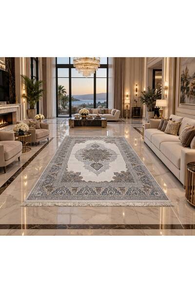 Neşem Halı Boutique NAKKAŞ RY008B GREY CREAM 100 TARAK DOĞAL İPLİK DOKUMA MAK...