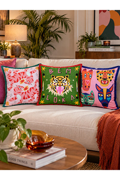 RahanDesign Set of 3 Decorative Throw Pillow Covers – Colorful Tiger and Anim...