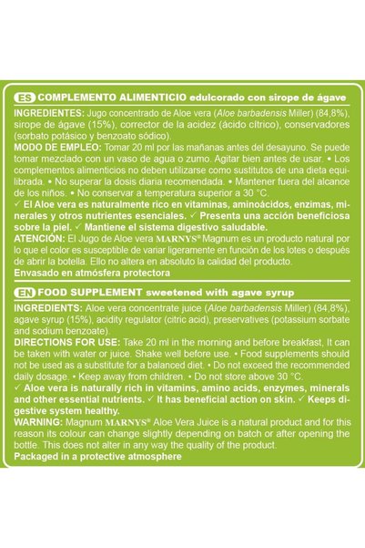 Marnys Aloe Vera Juice - Digestive Health & Intestinal Wellness Support - Refreshing Aloe Vera Drink with Agave Syrup - Vegan Formula - 500 ml