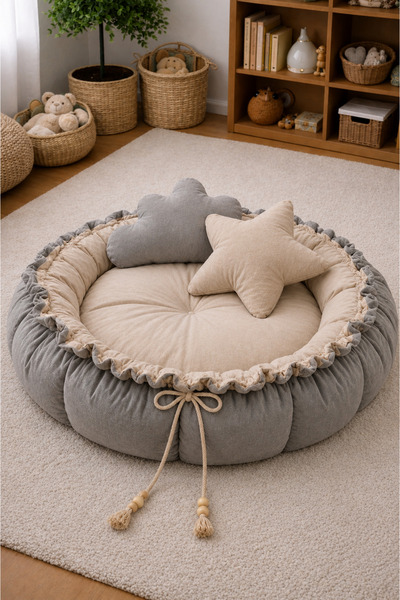Çift taraflı Yuvarlak Babynest Bebek Oyun Yatağı, Bebek Oyun Minderi 120x120 Gri+Bej