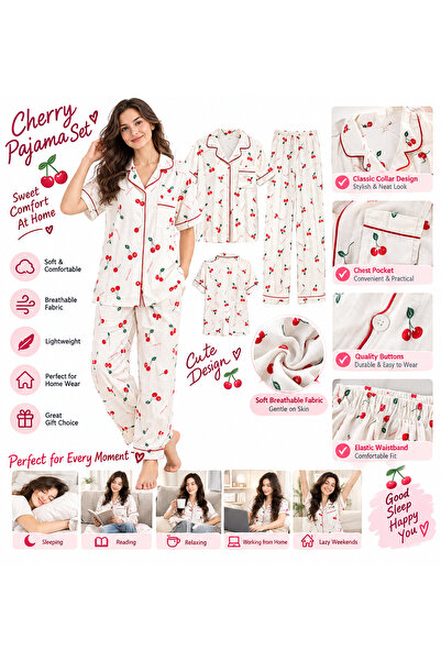 Lovisah Styles Women’s Cherry Print Pajama Set, 2-Piece Short Sleeve Button-Front Sleepwear with Collared Top and Long Pants, Cute Lounge Wear for Home