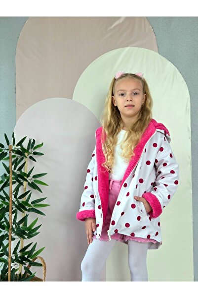 PAPİY KİDS Kız Çocuk Peluş Astarlı Puantiyeli Kapüşonlu Mont – Fermuarlı Mevs...