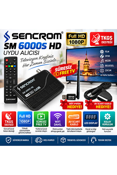 sencrom SM6000S Full HD Uydu Alıcısı TKGS Free TV WiFi Anten ve AV Scart Kabl...