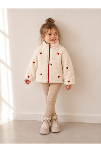 Mono Kids Kız Çocuk Kalp Nakışlı Peluş Fermuarlı Hırka