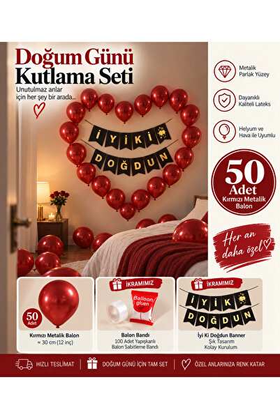 50 Adet Kırmızı Metalik Balon Doğum Günü Kutlama Seti – İYİKİ DOĞDUN Banner + 100 Adet Balon Bandı Hediye