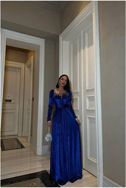 Şeker Portakalım Square Neckline Evening Dress with Belt and Long Sleeves