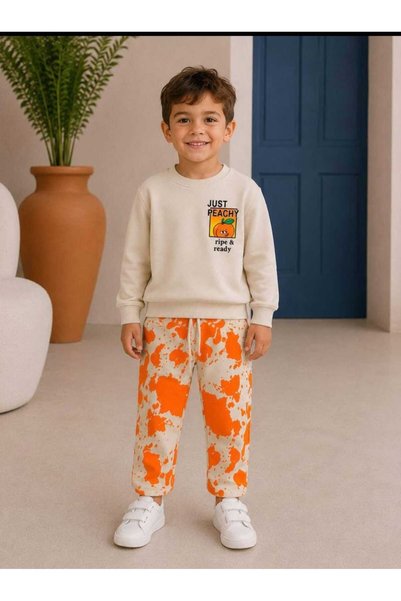 is kids wear Çocuk 'Just Peachy' Baskılı Krem Sweatshirt ve Turuncu Desenli A...