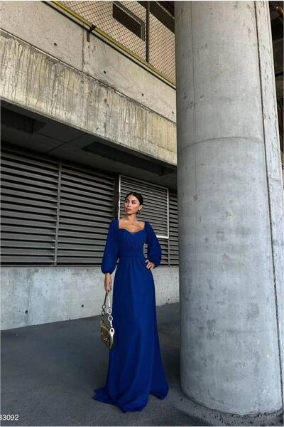 Şeker Portakalım Satin Square Maxi Evening Dress Fabric Dress Collar