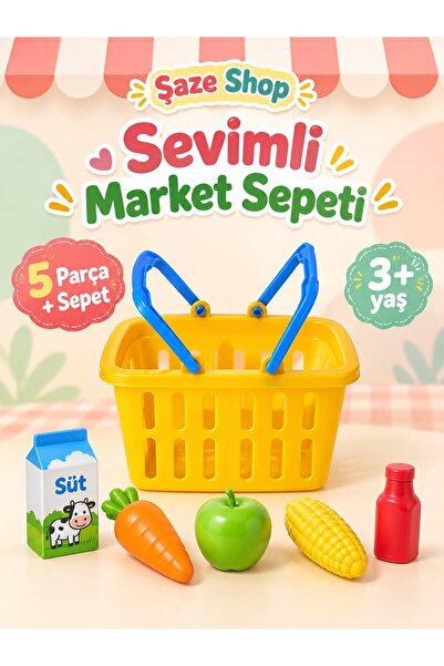 SAZE Şaze Shop Sevimli Market Sepeti Minik Boy 5 Parça Oyuncak Alışveriş Seti...