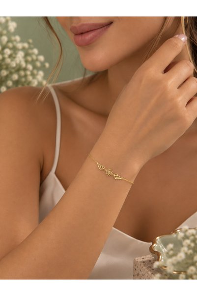 925 Ayar Orjinal Gümüş Melek Kanatlı Bileklik – 14 Ayar Altın Kaplama Gold Renk Minimalist ve Zarif Tasarım