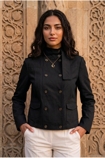 Lovely butik Women's Gabardine Stand Collar Double Button Short Jacket - Slim...