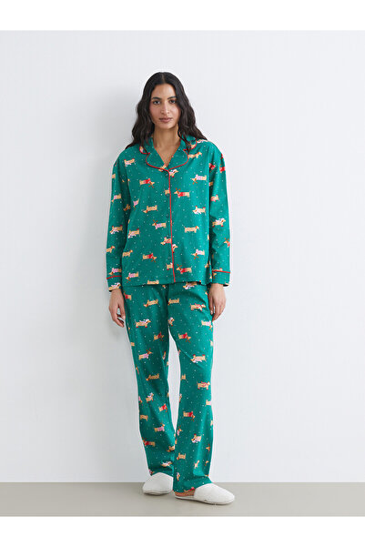 LC Waikiki Peak New Season Shirt Collar Christmas Themed Women's Pajama Set
