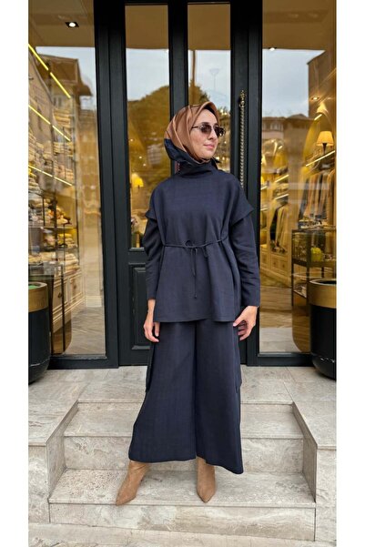 QOOQ STORE 27FW208 Bağcık Detay Kadın Takım Indigo