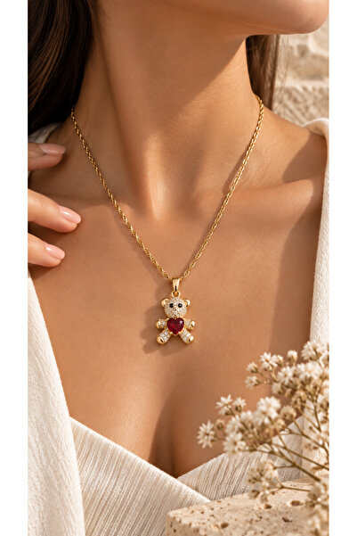PELKAN ATELİER Hearted Teddy Bear Stone Elegant Women's Necklace |   Gift |   Young Girl's Necklace