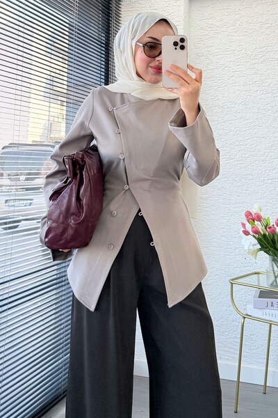 MELEK ARAZ Premium Side Buttoned Back Tie Blouse - Mink