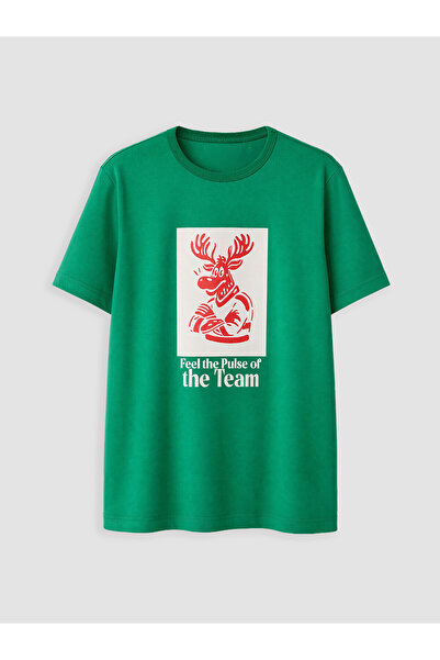LC Waikiki Two Mt Shop Quality Green Oval Collar Printed Boys' T-Shirt