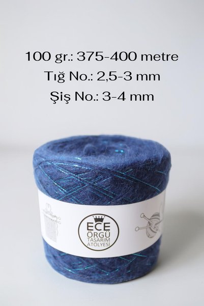 Ece Örgü Tasarım Atölyesi Ocean Blue Two-Fold Angora and Blue Glitter Mix Design Knitting Yarn Set (Total 500 Gr.)