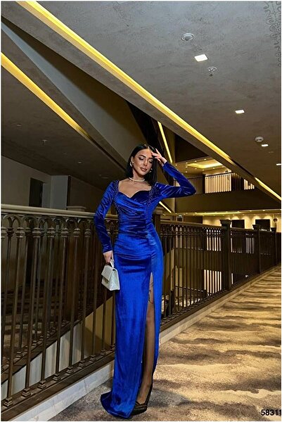 Şeker Portakalım Flexible Slit V Evening Dress Velvet Fabric Dress Collar