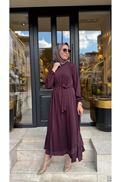 MissWhence 40813 Kuşaklı Kadın Elbise Bordo