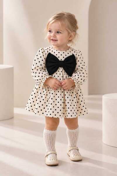 lova baby Siyah Fiyonk Detaylı Puantiyeli Kız Bebek Elbisesi