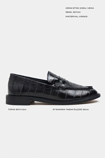 NİŞANTAŞI SHOES Vega Siyah Su Yolu Kroko Hakiki Deri Penny Bant Detay Düz Taban Kadın Loafer