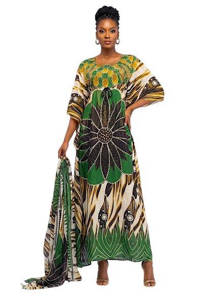 Generic Brand Elegant Green & Gold Printed Kaftan Dress