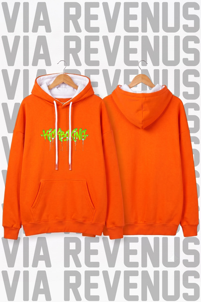 Vordevia Kickboxing Graffiti Printed Unisex Orange Wide Fit Hoodie Sweatshirt...