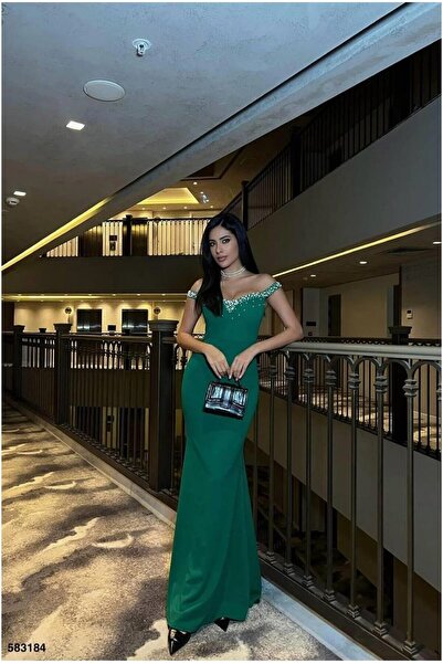 Şeker Portakalım Heart Fish Evening Dress with Straps and Collar Cutout