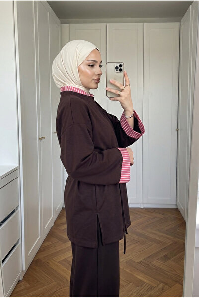 Kirazca Butik Women's Striped Detailed Collar and Wide Cuff Belted Tunic 70 cm