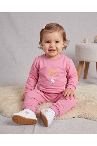 Ege Bebek Girl's Seasonal 1-2-3-4 Year Old Cat Printed 2 Threaded Top and Bot...