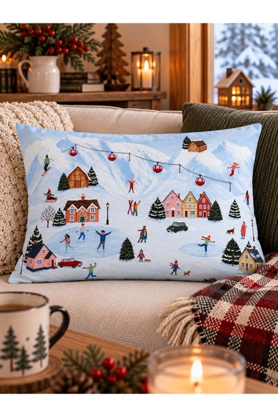 RahanDesign Winter Themed Double-Sided Decorative Throw Pillow Cover Set of 2 – Ski Village and Mountain Pattern 43X43 cm & 30X50 cm