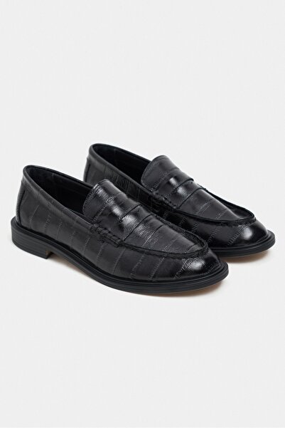 NİŞANTAŞI SHOES Vega Siyah Su Yolu Kroko Hakiki Deri Penny Bant Detay Düz Taban Kadın Loafer