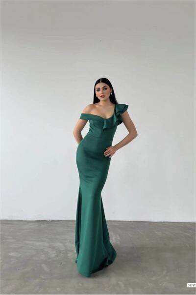 Şeker Portakalım Scuba Kayık Evening Dress Flexible Fabric Dress with Collar ...