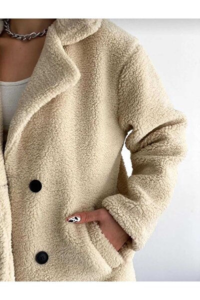 ALZİ FASHİON Kadın Bej Kruvaze Düğmeli Oversize Teddy Peluş Kaban