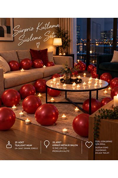 Sürpriz Kutlama Süsleme Seti – 25 Adet Kırmızı Metalik Balon + 25 Adet Tealight M