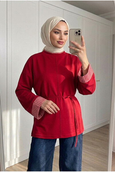 Kirazca Butik Women's Striped Detailed Collar and Wide Cuff Belted Tunic 70 cm