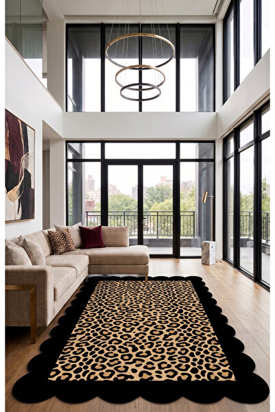 SionFabric Dijital Baskı Modern Leopar Desenli Özel Kesim Siyah Dalgalı Kenar...