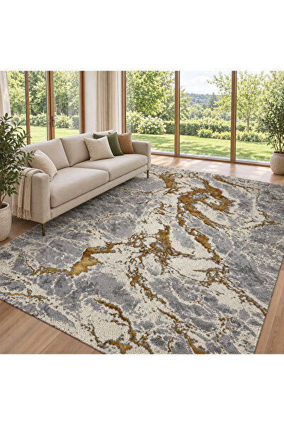 LIROFE Covor Aurum Fulger Gold - Efect Marmura Modern - Living, Dormitor, Hol...