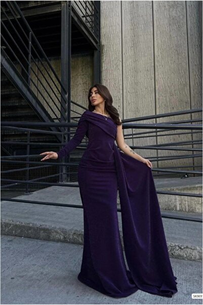 Şeker Portakalım Crepe Single Shoulder Fabric Dress with Tail