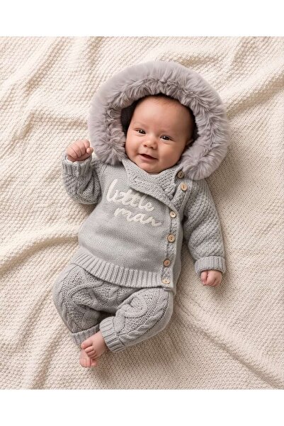 Nipperland Little Man Baby Boy Woolen Salopet Cardigan Combination with Fur D...